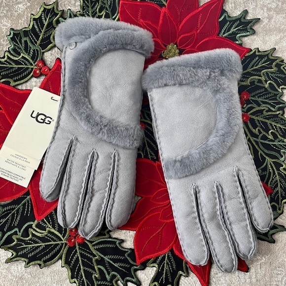 Brand New UGG Shearling Sheepskin Handsewn Touchscreen Gray Gloves Leather Trim - Picture 1 of 15